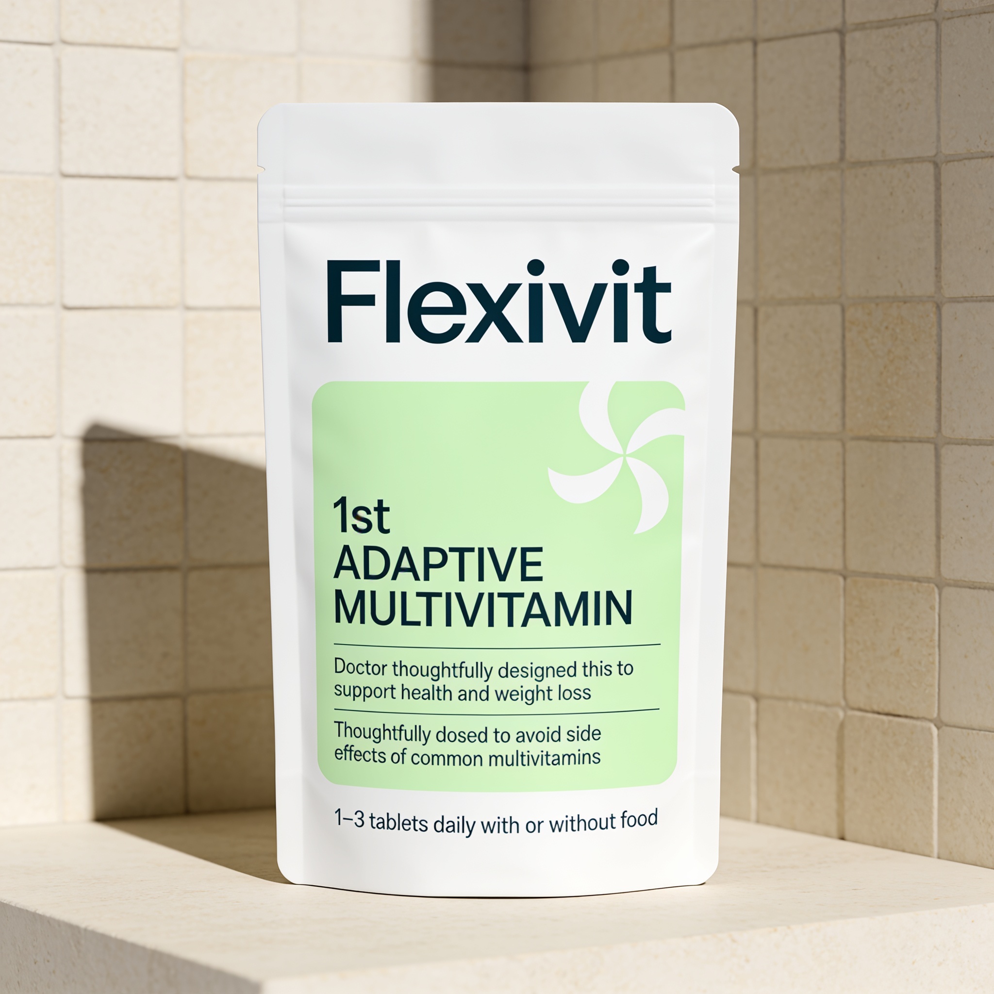 White Flexivit pouch with a mint label